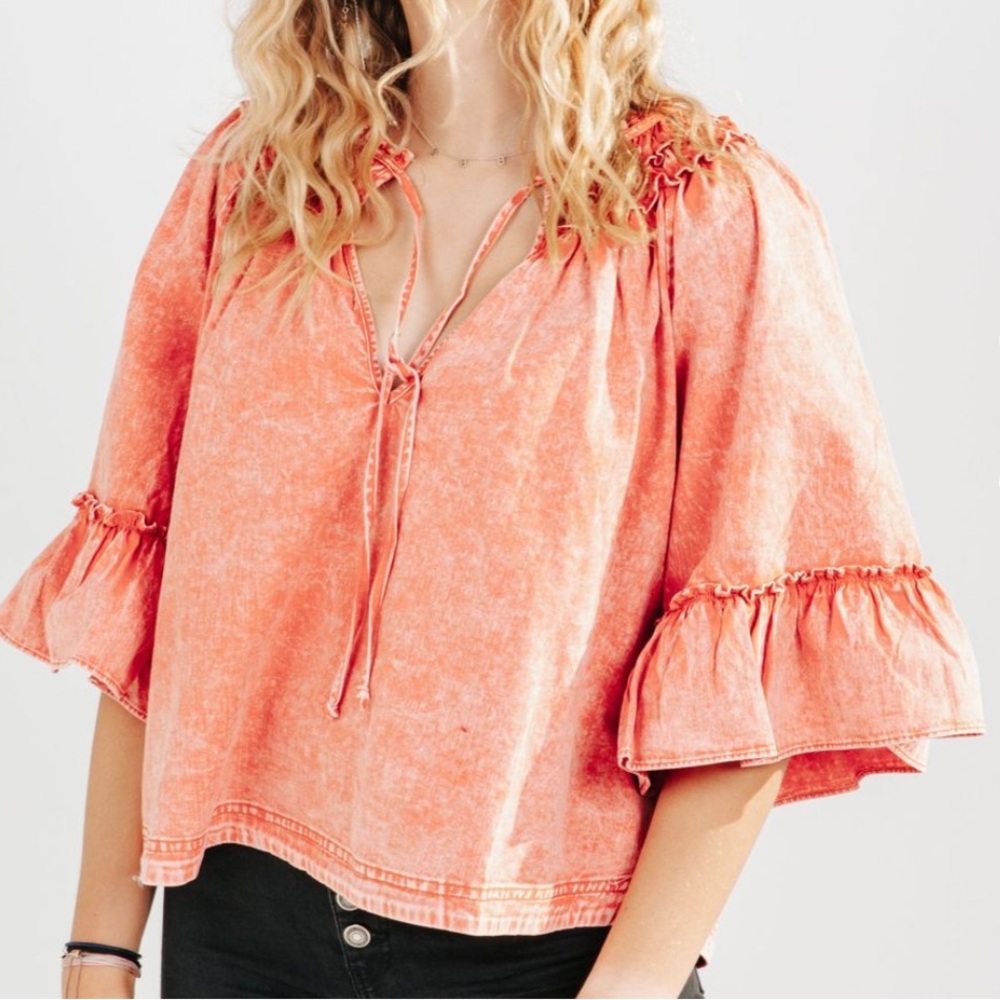 FREE PEOPLE Ainsley Tie Detail V-Neck Ruffled Sleeve Denim Top Rose Wash